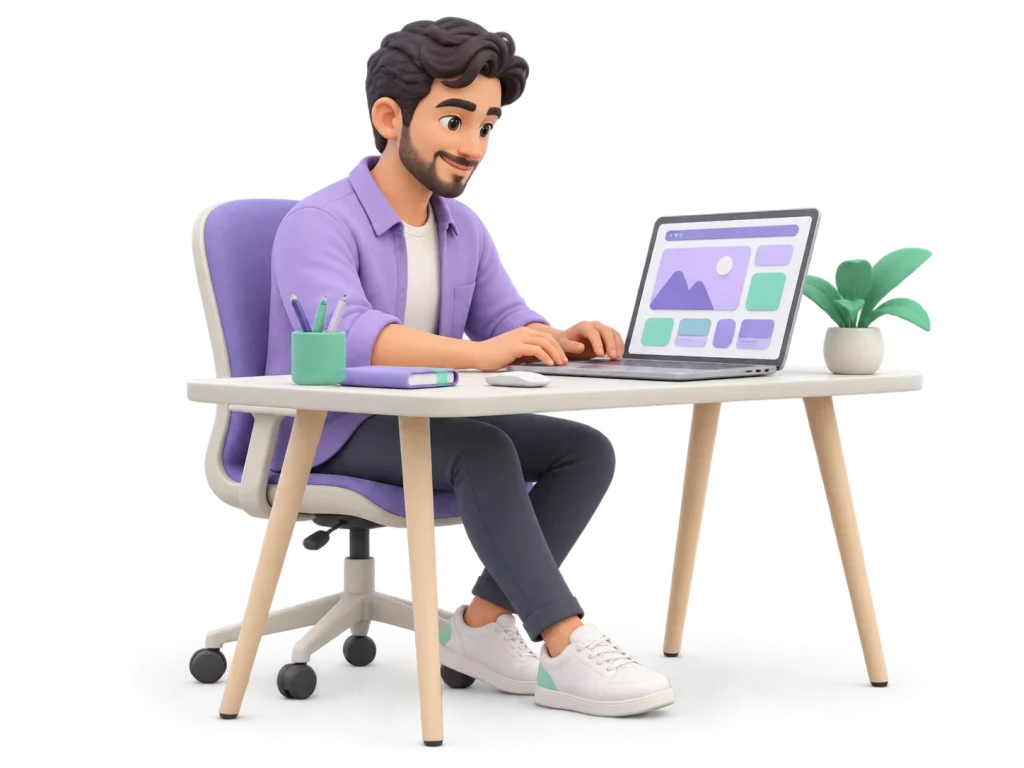 شخصیت طراح جوانک در حال طراحی یک وب‌سایت با لپ‌تاپ